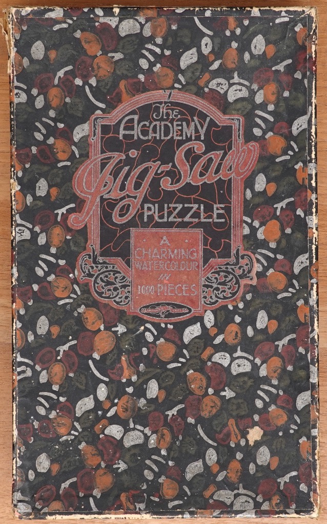 Graphic art with Art Deco style typography centered on a patterned dark background of muted red, orange, and white shapes.