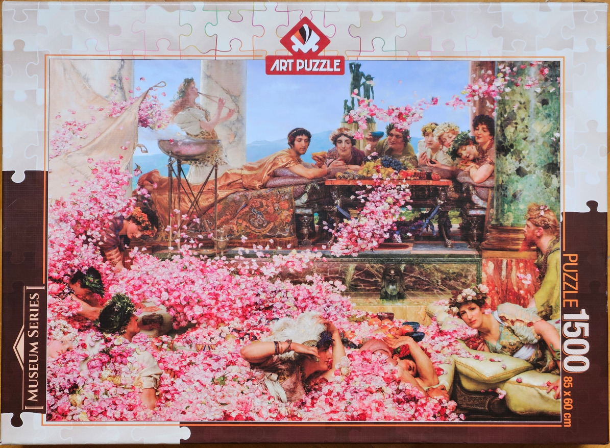 An oil painting of a lavish Roman banquet where guests are being showered with rose petals.