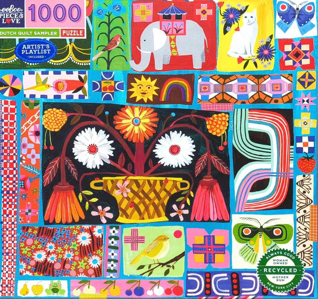 A vibrant folk art quilt sampler illustration featuring flowers, animals, and geometric patterns on a bright blue background.