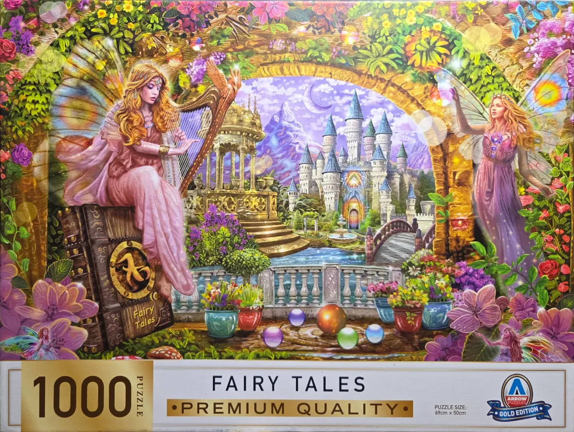 A fantasy illustration of two fairies in a magical garden setting with a castle in the background.