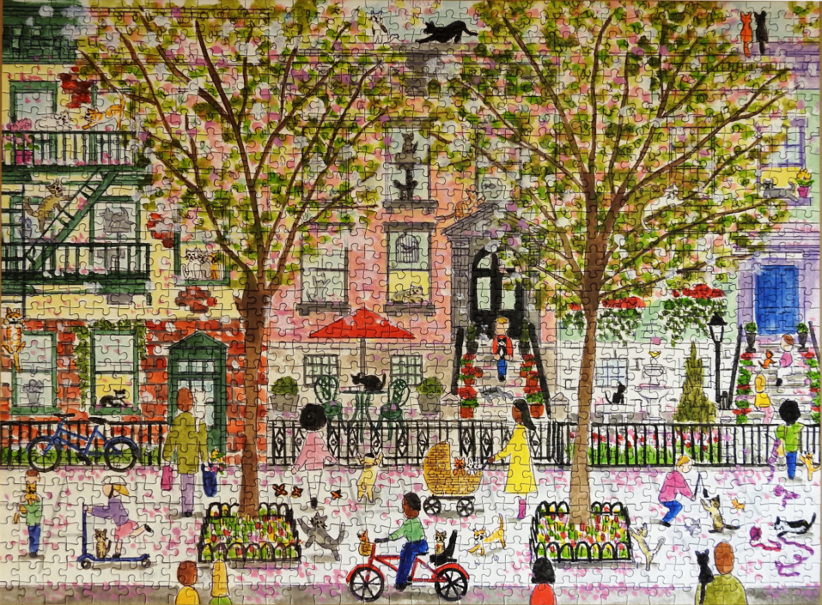 A whimsical illustration of a city street lined with brownstone buildings, flowering trees, and many cats.