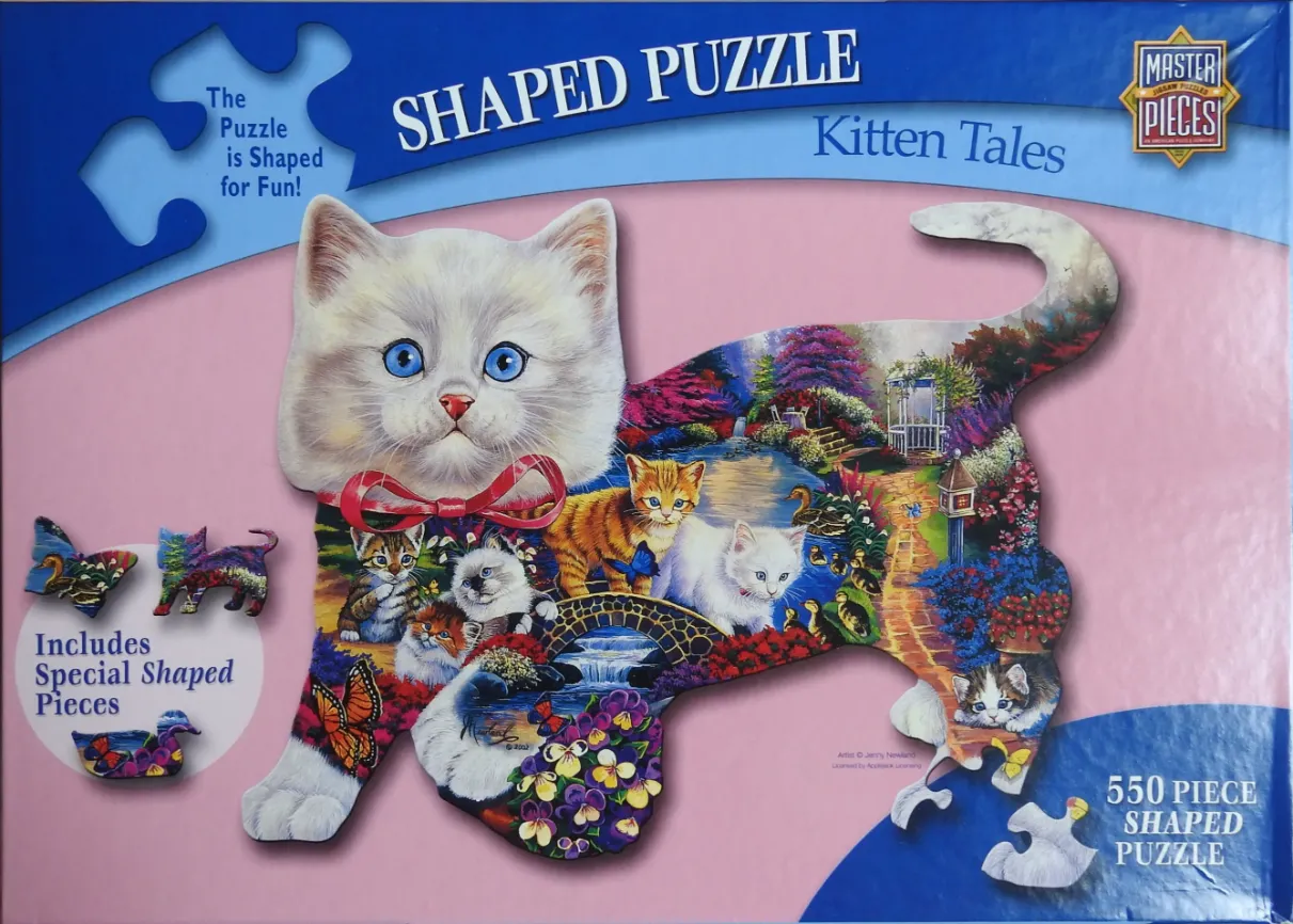 A shaped illustration of a fluffy white kitten with bright blue eyes set against a vibrant garden landscape.