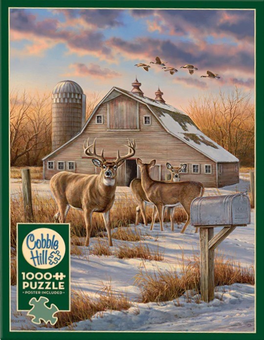 A rural winter scene featuring a large buck, two does, an old barn, and a mailbox at sunset.