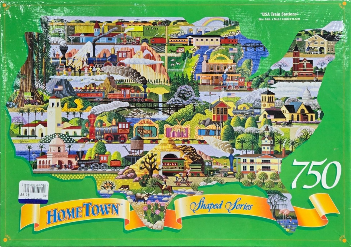 A whimsical illustration of the United States shaped as a map filled with various historic steam trains and stations.