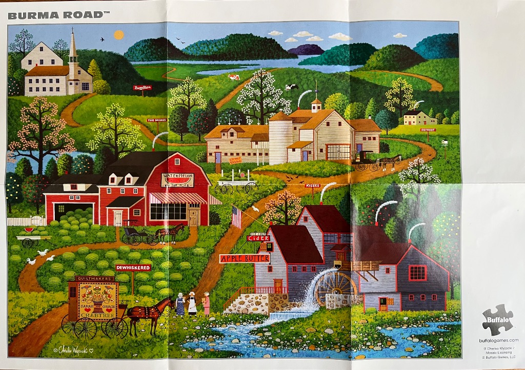 Folk art illustration of a rolling rural landscape with a red barn, a water mill, and horse-drawn wagons.