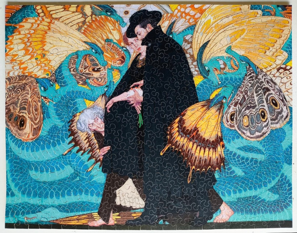 An Art Nouveau style illustration showing a couple in black robes surrounded by large, patterned, moth-like creatures.