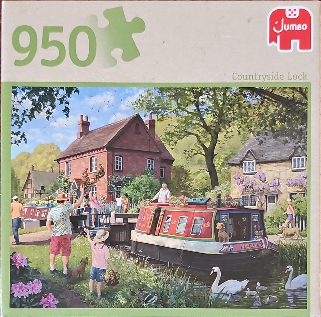 A peaceful canal scene featuring a red narrowboat named Matilda docked in a lush English countryside setting.