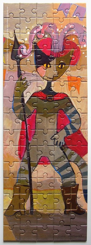 Stylized illustration of a cat dressed as a jester holding a staff against an abstract gold and peach background.