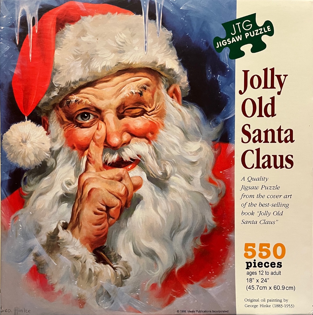 An oil painting of Santa Claus holding a finger to his lips in a shushing gesture, winking at the viewer.