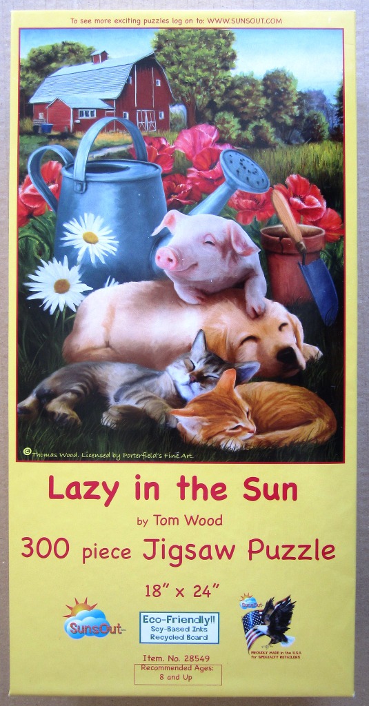 A piglet, golden retriever puppy, and two kittens sleeping together in a garden near a blue watering can.