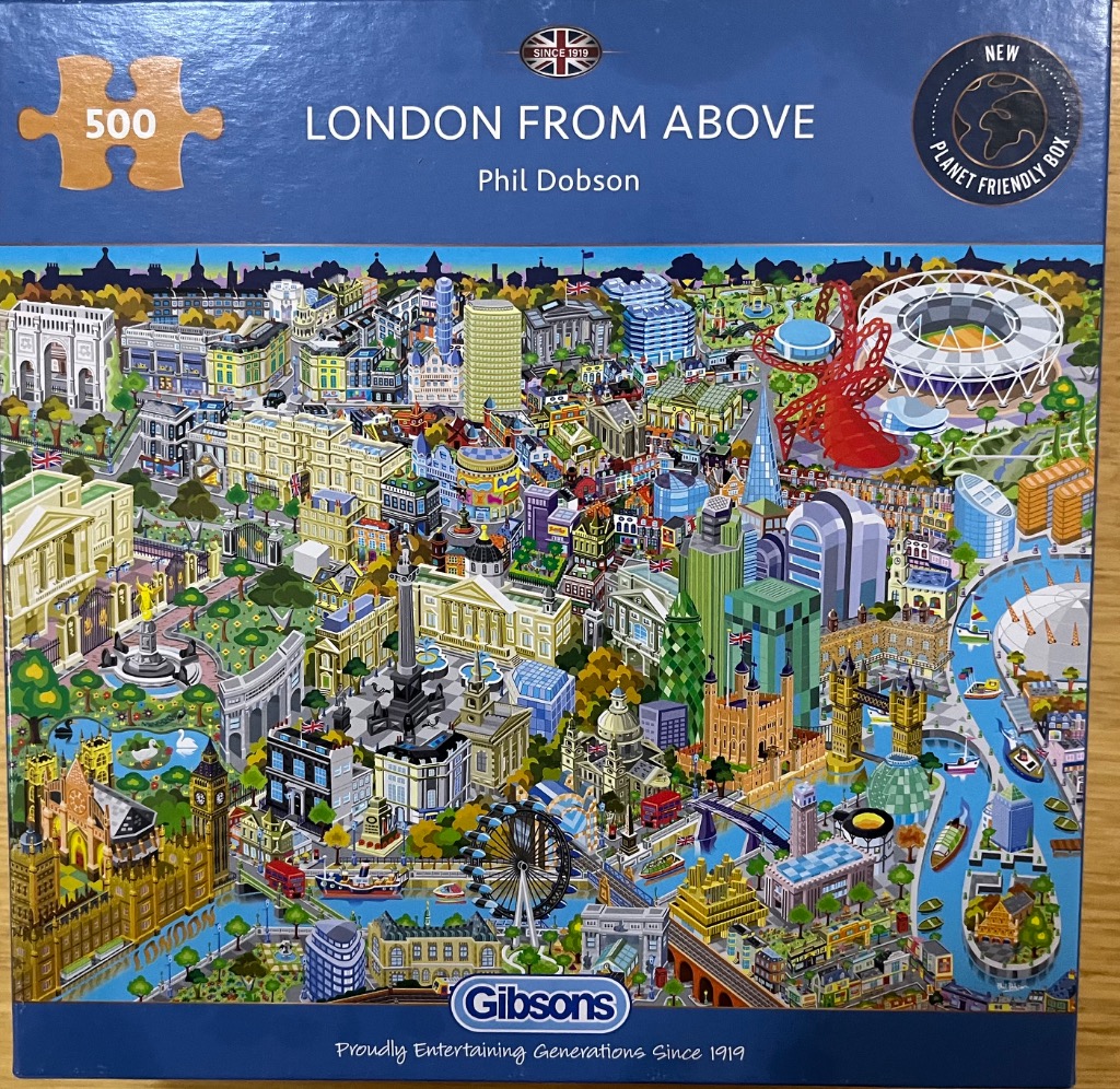 A colorful illustrated overhead view of famous London landmarks and buildings.