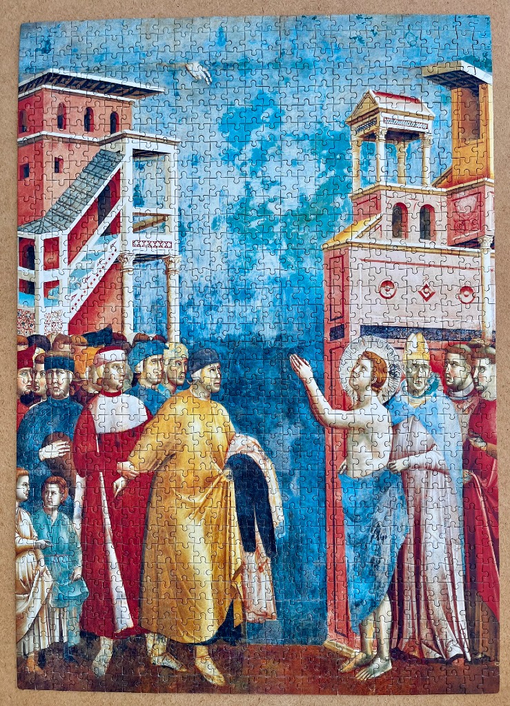 Renaissance painting of Saint John the Baptist preaching to a crowd in a structured architectural setting.