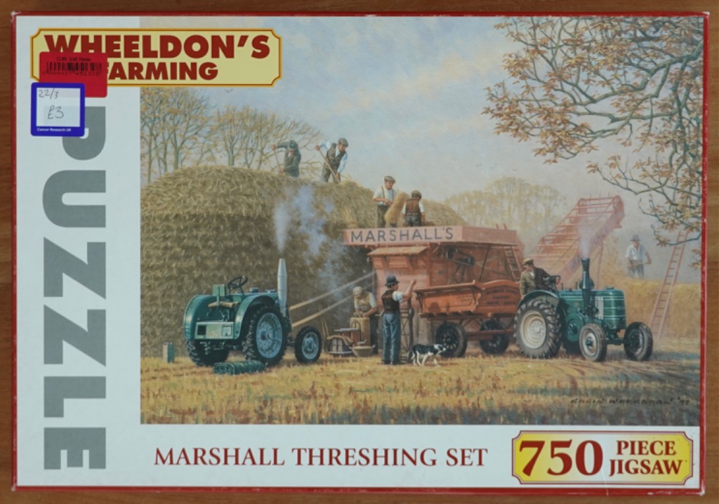 A nostalgic country farm scene depicting men operating a vintage Marshall threshing machine and steam tractors.