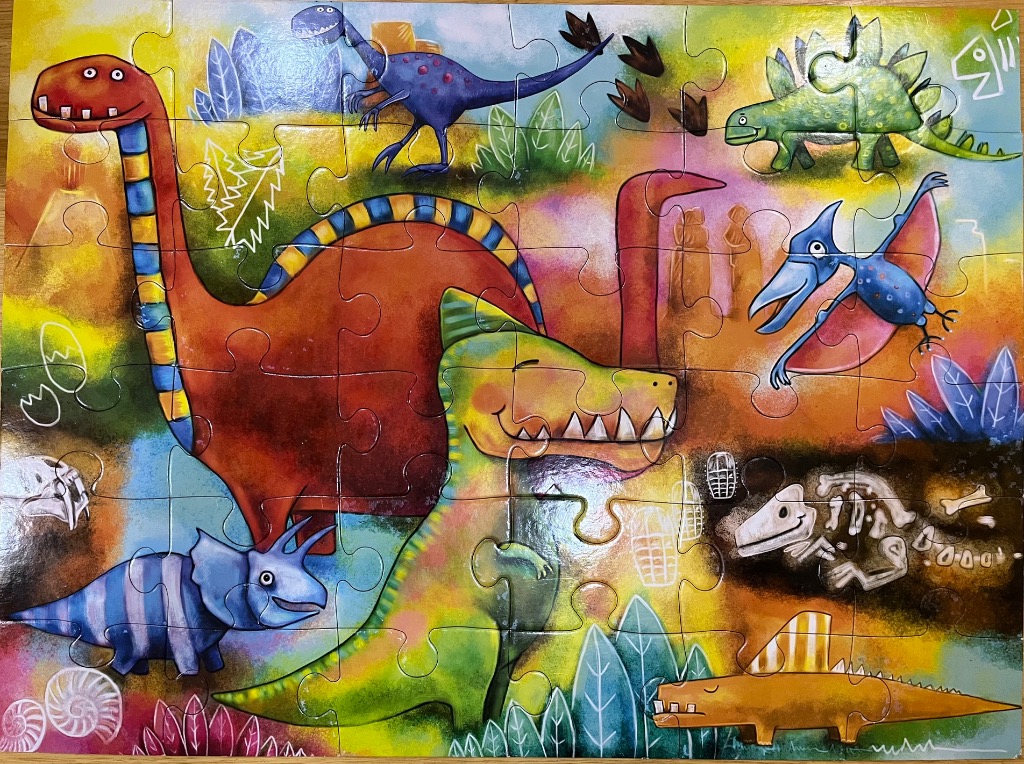 Colorful cartoon illustration of various dinosaurs in a vibrant, artistic landscape.