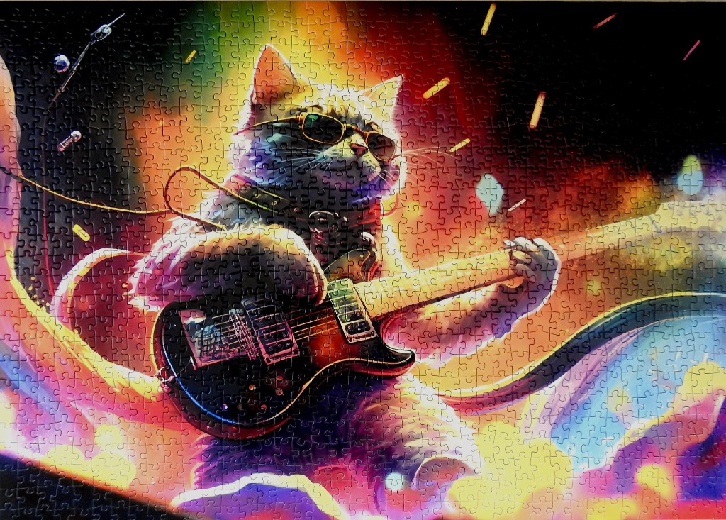 A cool cat wearing sunglasses playing a black electric guitar against a vibrant, psychedelic rainbow background.