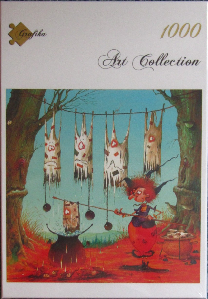 A whimsical illustration of a red-haired witch washing spectral laundry in a forest clearing.