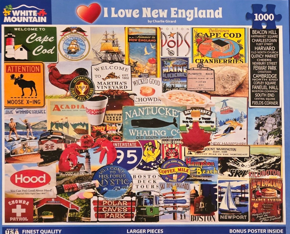 A collage of signs, posters, and icons representing New England travel and culture.