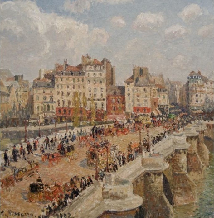 Impressionist painting of a busy Parisian bridge and city street in 1902