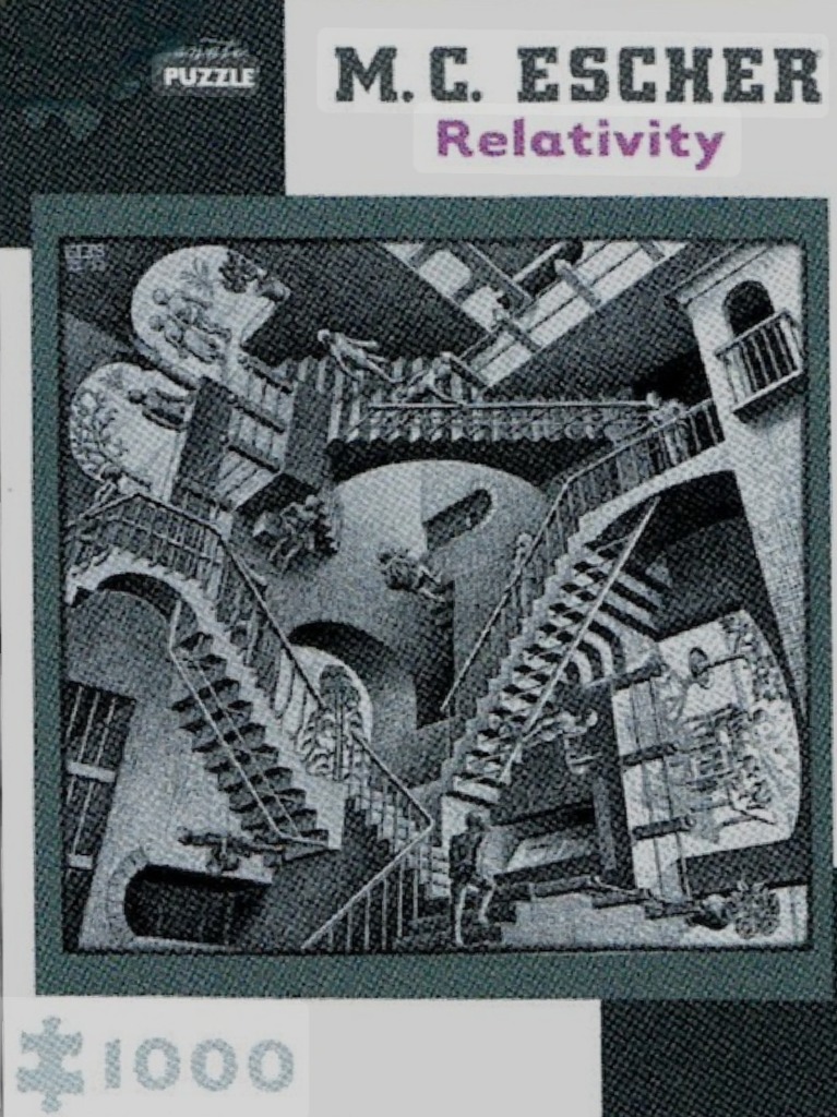 Black and white lithograph by M.C. Escher titled Relativity, featuring a surreal building with multiple gravity planes.