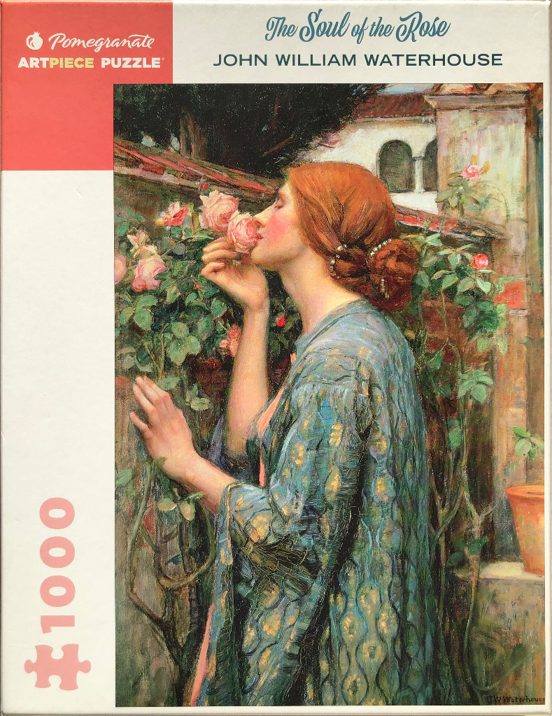 A woman in a blue patterned robe smelling a pale pink rose against a garden wall, an oil painting by John William Waterhouse.