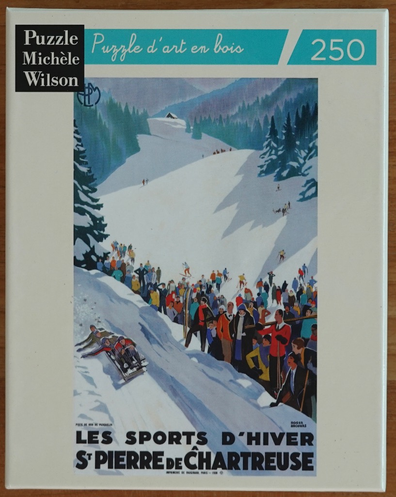 Vintage travel poster illustration showing skiers and sledders on a snowy mountainside at St. Pierre de Chartreuse