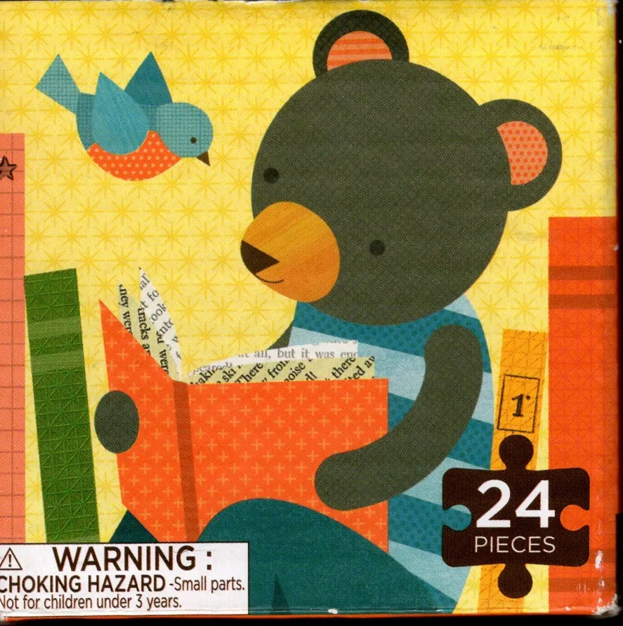 Stylized illustration of a dark bear in a striped shirt reading a book next to a small blue bird.