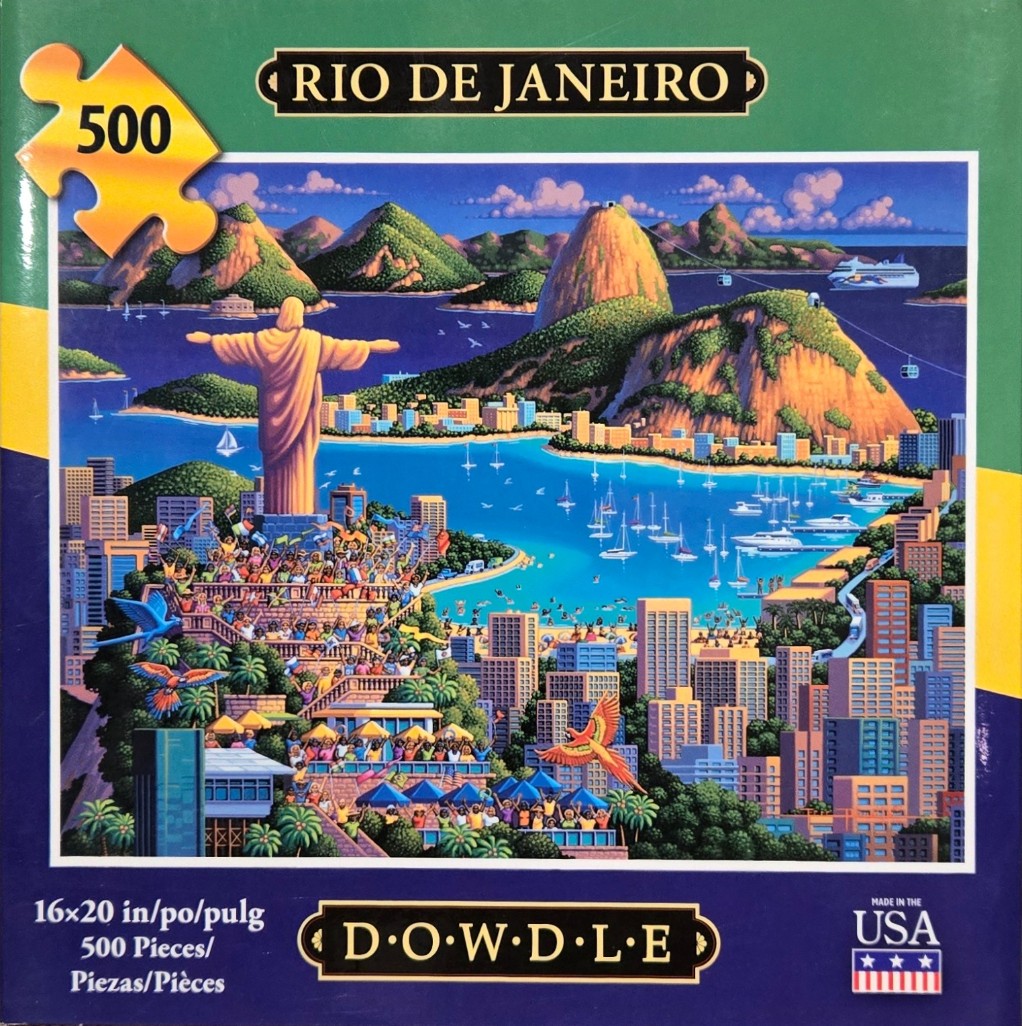 A folk-art style illustration of Christ the Redeemer overlooking the harbor and skyline of Rio de Janeiro.