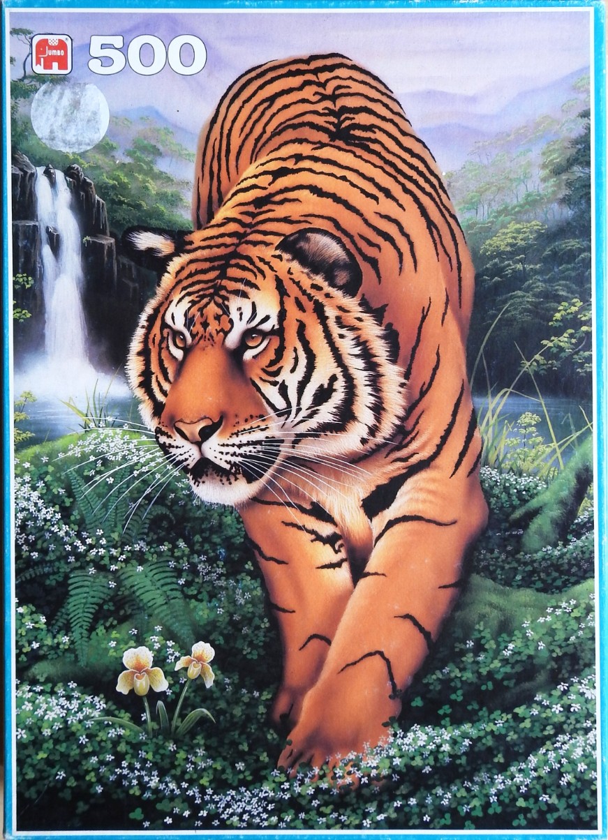 A majestic tiger prowling through a lush jungle landscape with a waterfall in the background.