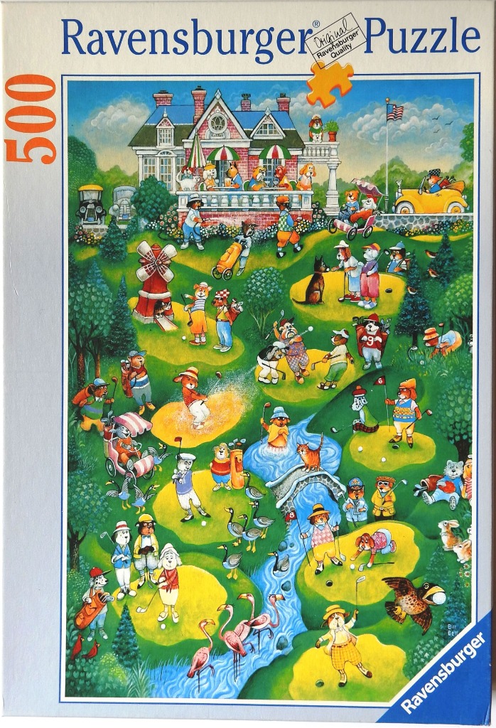 A whimsical illustration of many anthropomorphic dogs playing golf on a sprawling, sunny course.