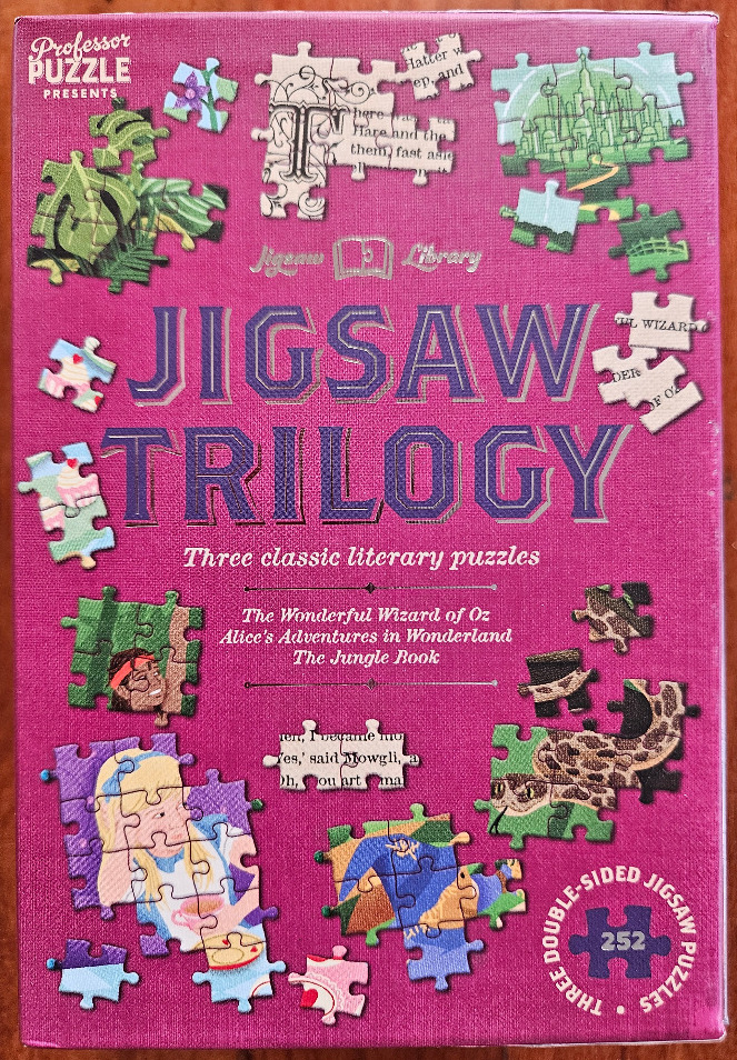 Literary themed collage featuring scattered puzzle pieces illustrating scenes from classic children