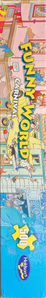 Cartoon of a busy carnival with bright colors and a yellow airplane.