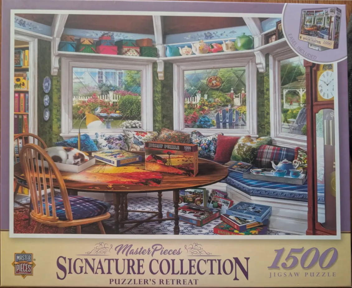 A cozy sunroom interior featuring a round dining table, window seats, and views of a lush garden.