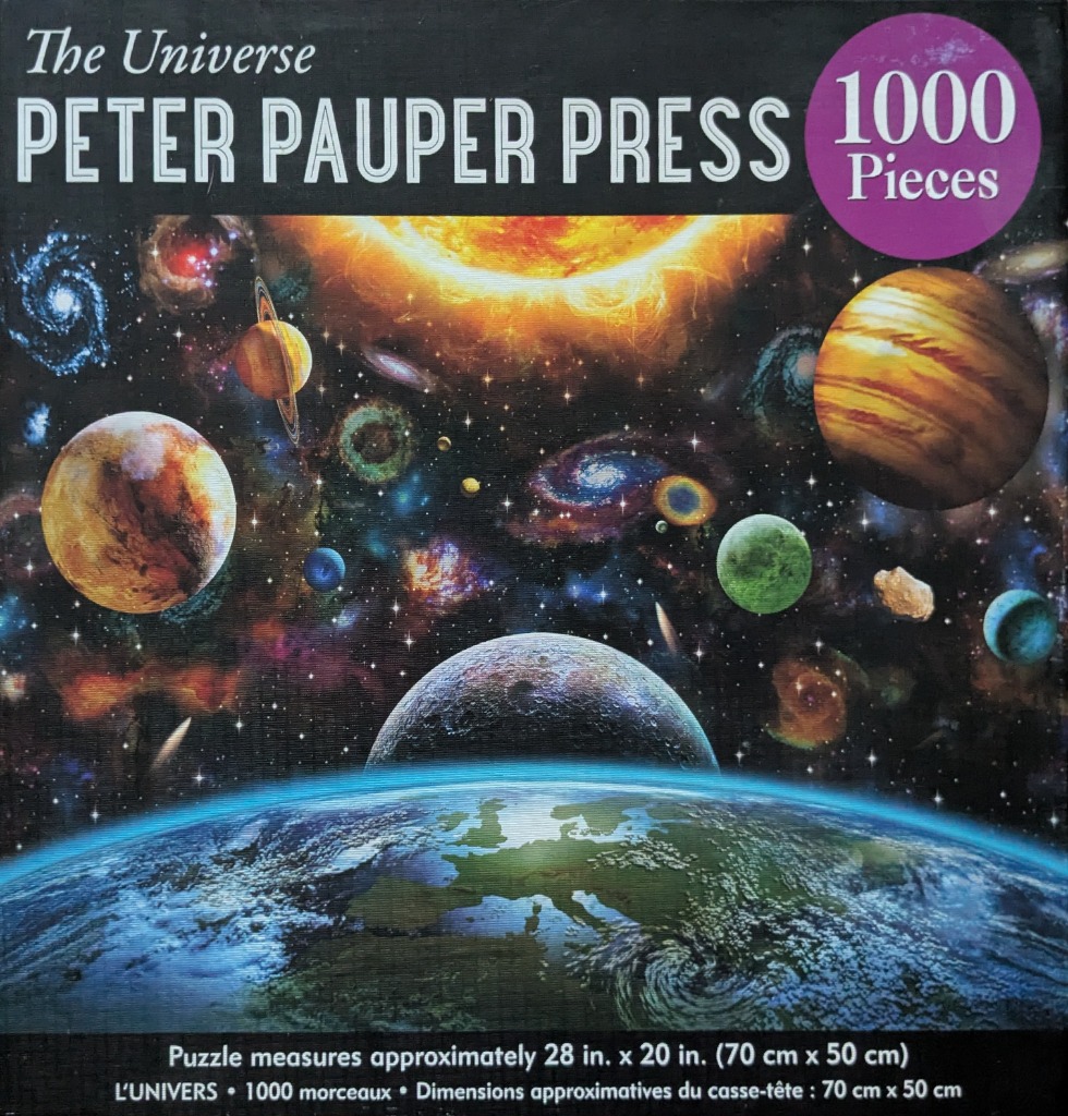 A dramatic space scene featuring Earth, various planets, distant galaxies, and a bright, burning sun.
