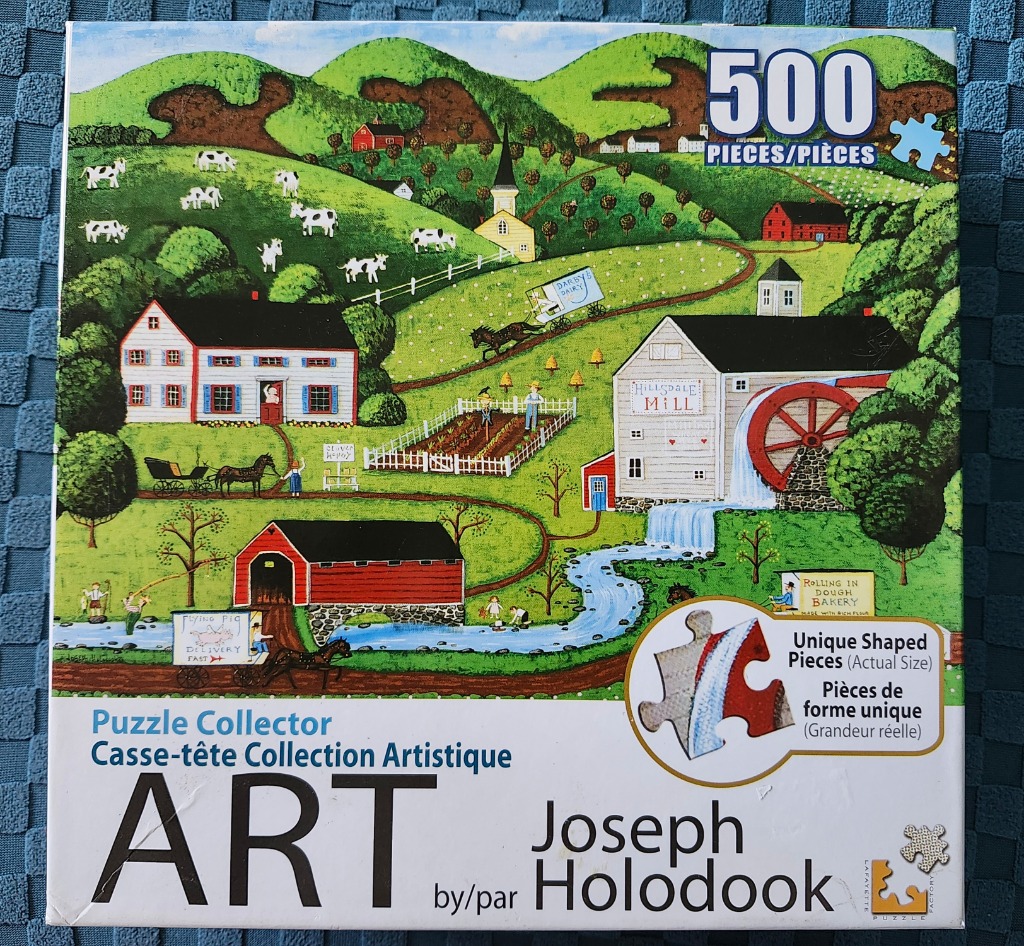 Folk art painting of a rolling rural landscape with a farmhouse, watermill, and horse-drawn carriages.
