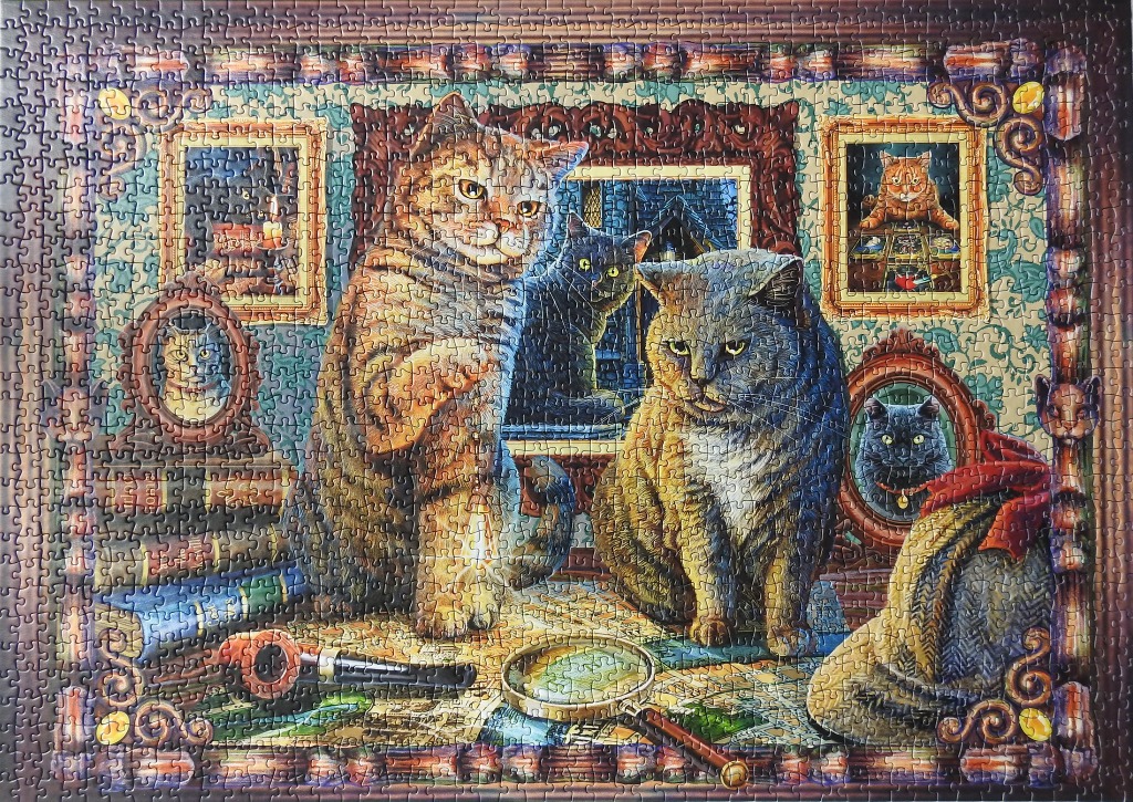 Three cats in a Victorian-style library setting with investigation tools.