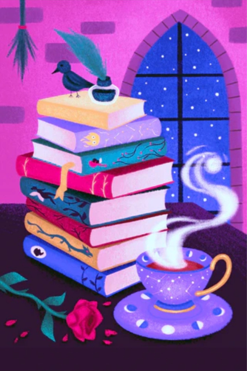 A stack of magical books with a quill, a steaming cup of tea, and a rose on a table against a pink stone wall.