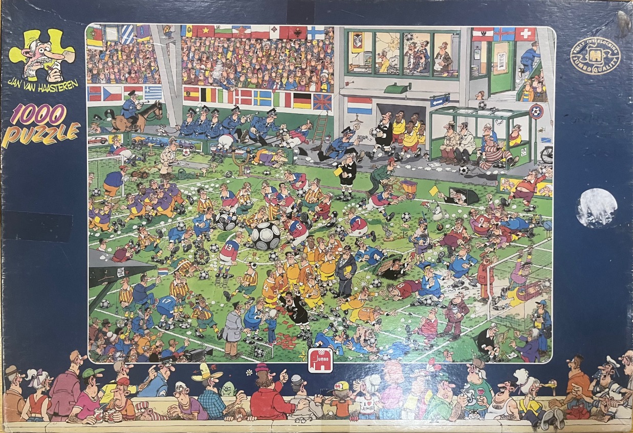 A crowded, humorous cartoon illustration of a chaotic football match with many players, spectators, and funny mishaps.