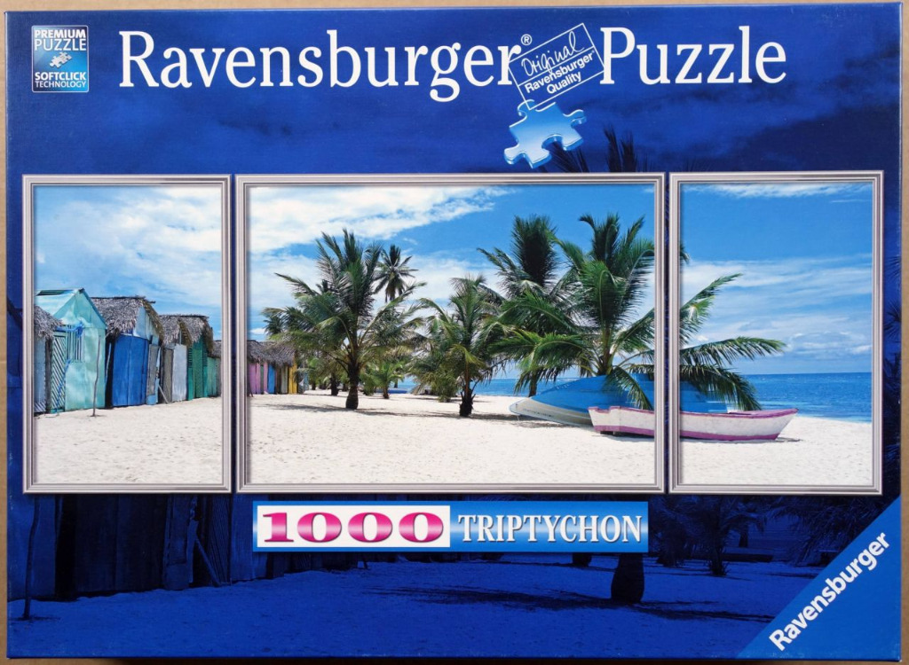 A triptych photograph of a tropical beach featuring colorful huts, palm trees, and small boats on white sand.