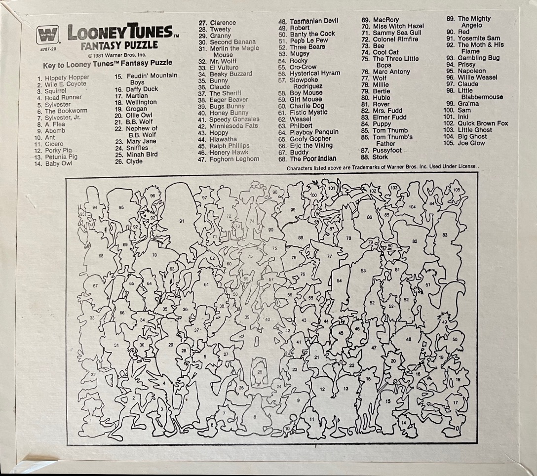 A black and white line-art illustration featuring a dense collage of 105 Looney Tunes characters.