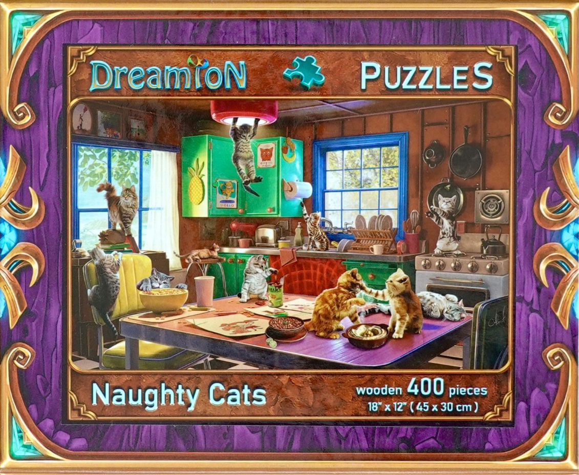 A kitchen scene filled with various playful kittens getting into mischief on counters and a dining table.