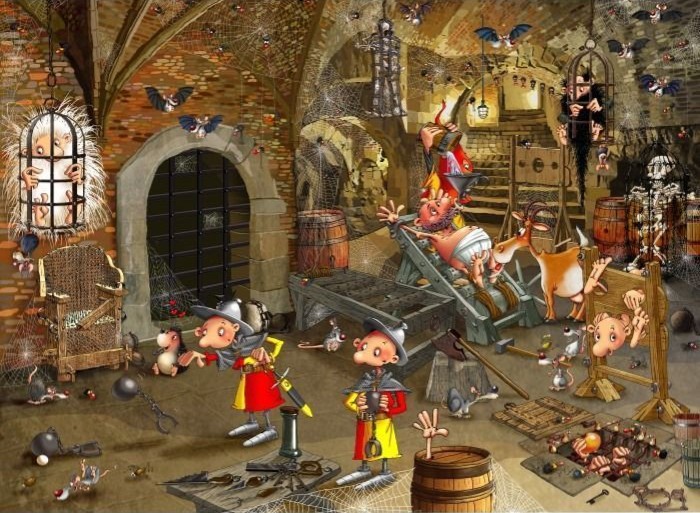 A cartoon illustration of a humorous dungeon filled with medieval captives, guards, and assorted creatures.