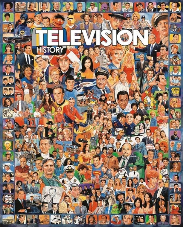 A collage of famous television characters and actors from throughout broadcast history.