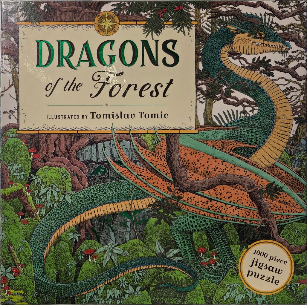 A detailed illustration of a green dragon with orange-spotted wings coiled within a dense, mossy forest.