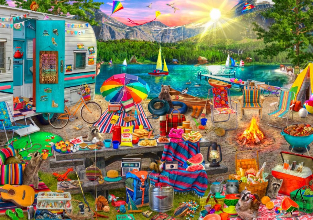A lively lakeside campsite filled with picnic gear, camping supplies, and curious wildlife in a mountain setting.
