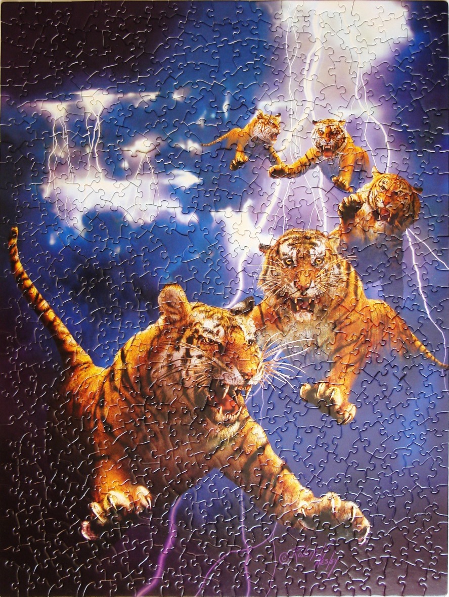 Four tigers leaping through a dark, lightning-filled storm sky in a fantasy-style illustration.