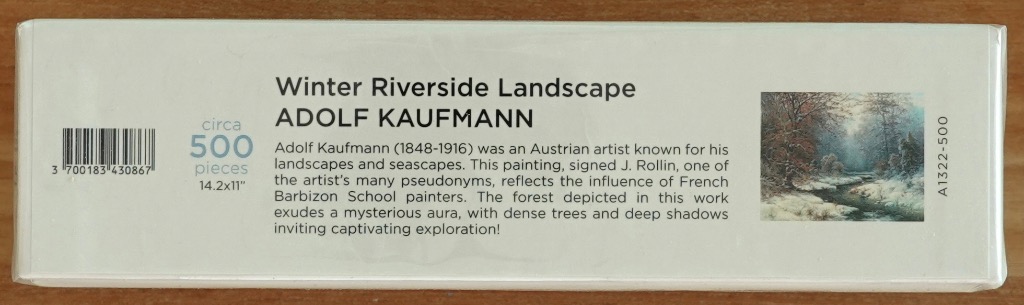 Winter riverside landscape painting by Adolf Kaufmann, featuring a snowy forest and stream.