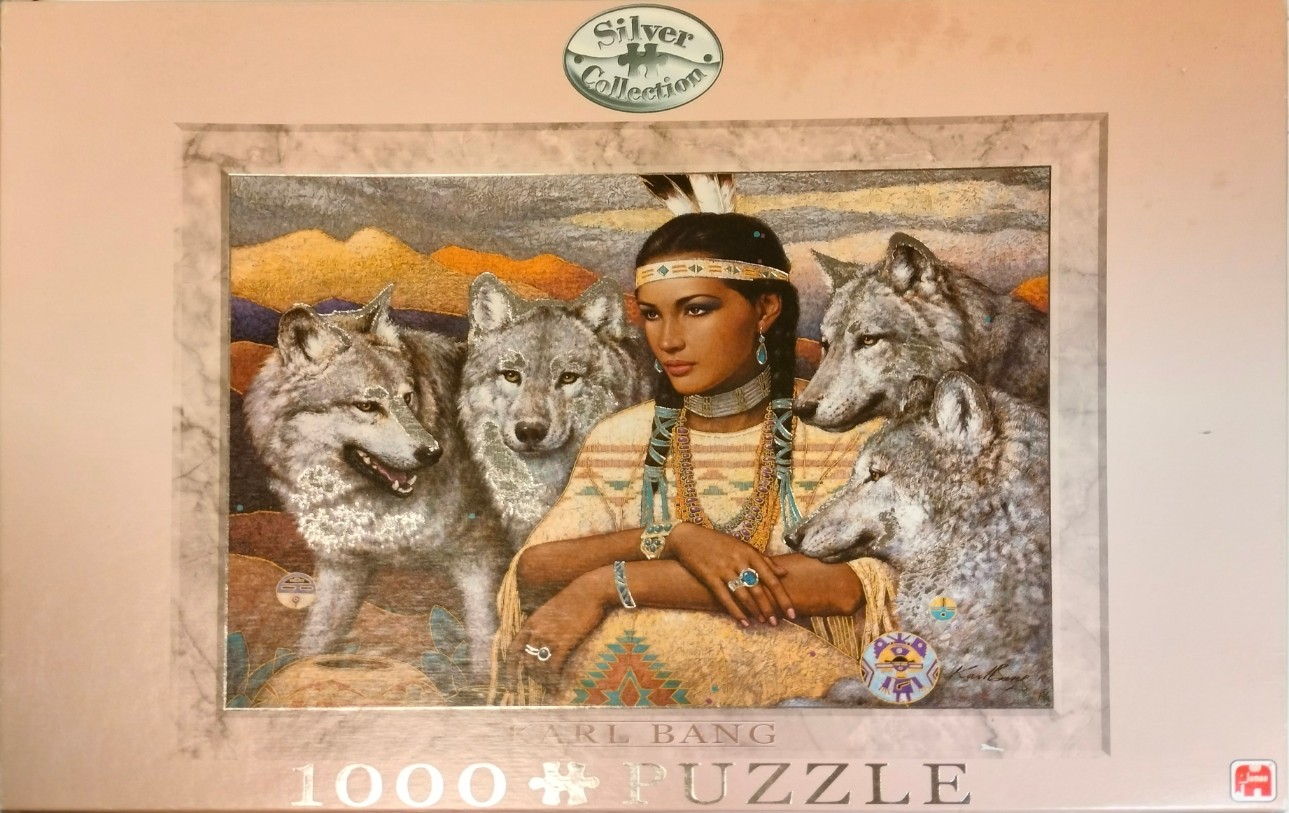 A portrait of a woman in traditional regalia surrounded by four wolves in a desert landscape.