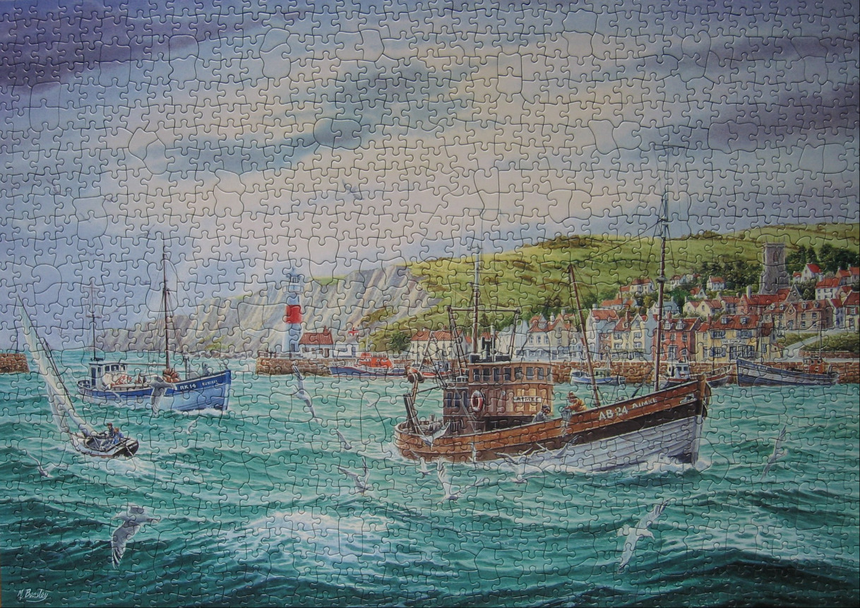 Painting of a bustling harbour with fishing boats, a small sailboat, and a coastal village under a cloudy sky.
