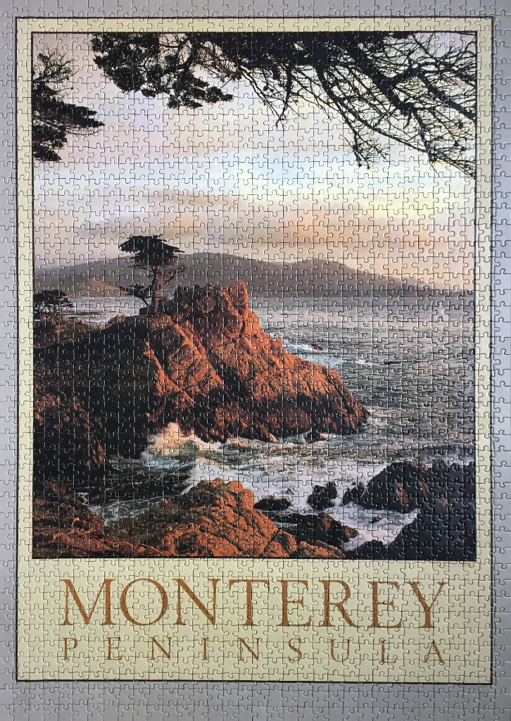 A nostalgic travel poster style image of the Lone Cypress on the Monterey Peninsula at sunset.