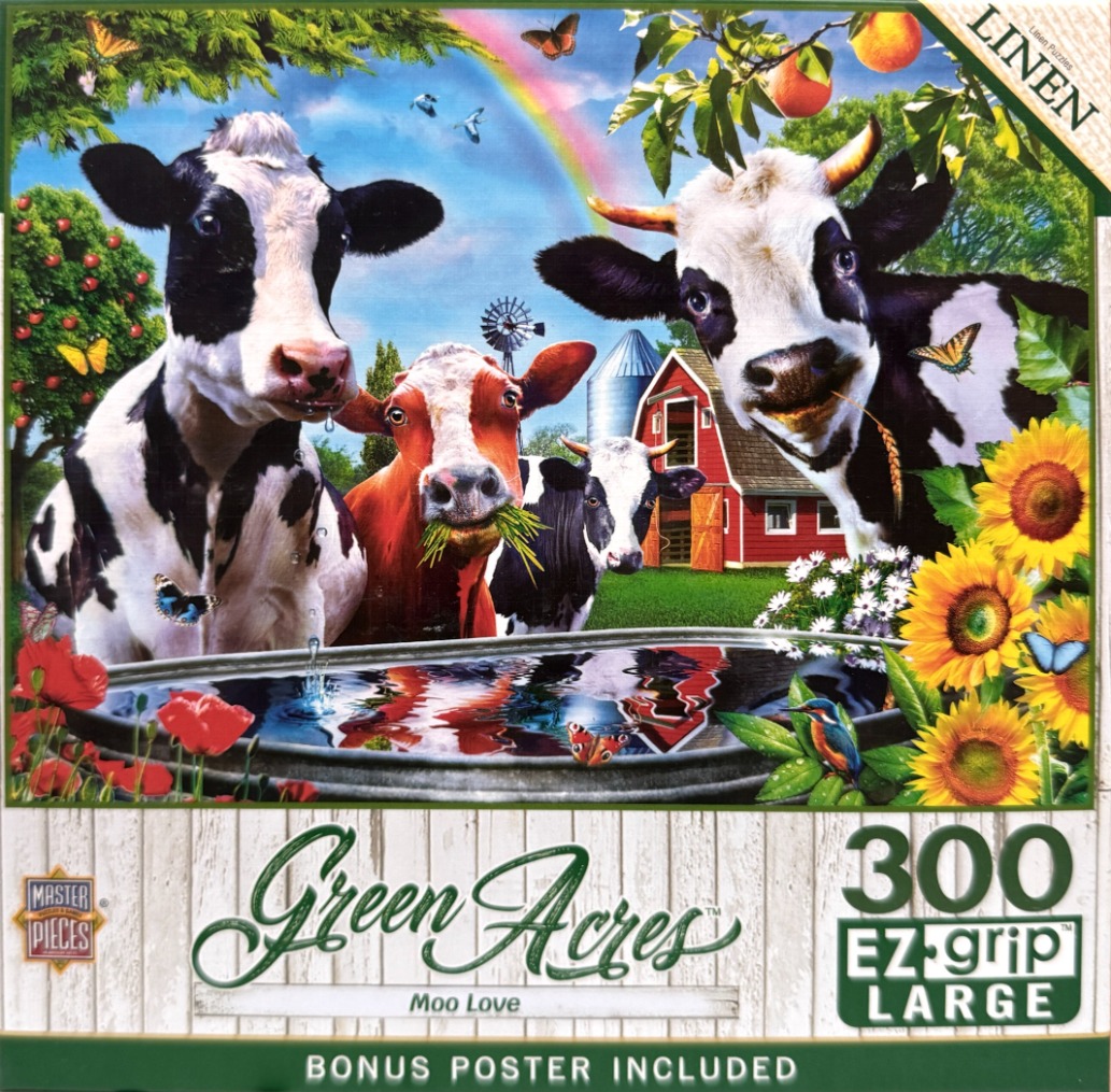 Three curious cows gathered around a metal water trough on a sunny farm with a rainbow in the background.